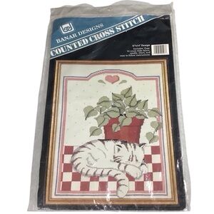 Banar Designs Cat Counted Cross Stitch Kit Plant Red White Floss Aida Needle Vtg